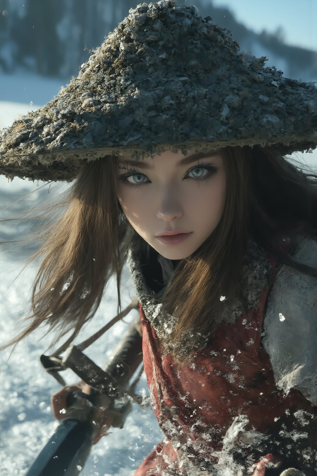 Create a dynamic close-up portrait of a samurai woman in a weathered, broad sedge hat, caught mid-action as she executes a powerful katana strike. The focus is on her intense expression, with sharp, determined eyes partially visible under the shadow of her hat. The katana slices through the icy ground in front of her, sending shards of ice flying in all directions, some of them disintegrating from the sheer force. Her red armor glows subtly in the light of the setting sun, with rays piercing through the ice forest behind her. Her billowing linen cape, frozen in motion, adds a sense of drama. The depth of field should blur the background slightly, emphasizing the photorealistic details of her face, the intricate design of her armor, and the sharpness of the katana. The scene should have a fantasy feel, blending realism with anime-inspired aesthetics, highlighting the beauty and power of the samurai woman. evamos