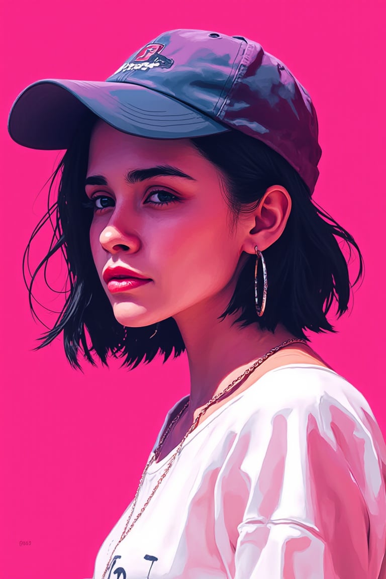  Minimalist vector art illustration of a woman with short black hair, rough digital brush strokes, wearing large hoop earrings and a baseball cap. Extremely overexposed, extremely bright on deep pink background. She is dressed in white shirt. Speed painting low poly sketch. The background color is a flat, pure Klein Blue, with a minimalist, clean, and bright lighting style. This is a simplistic sketch, sharply focused portrait sketch with cinematic studio lighting, resulting in a masterpiece of the highest quality.




