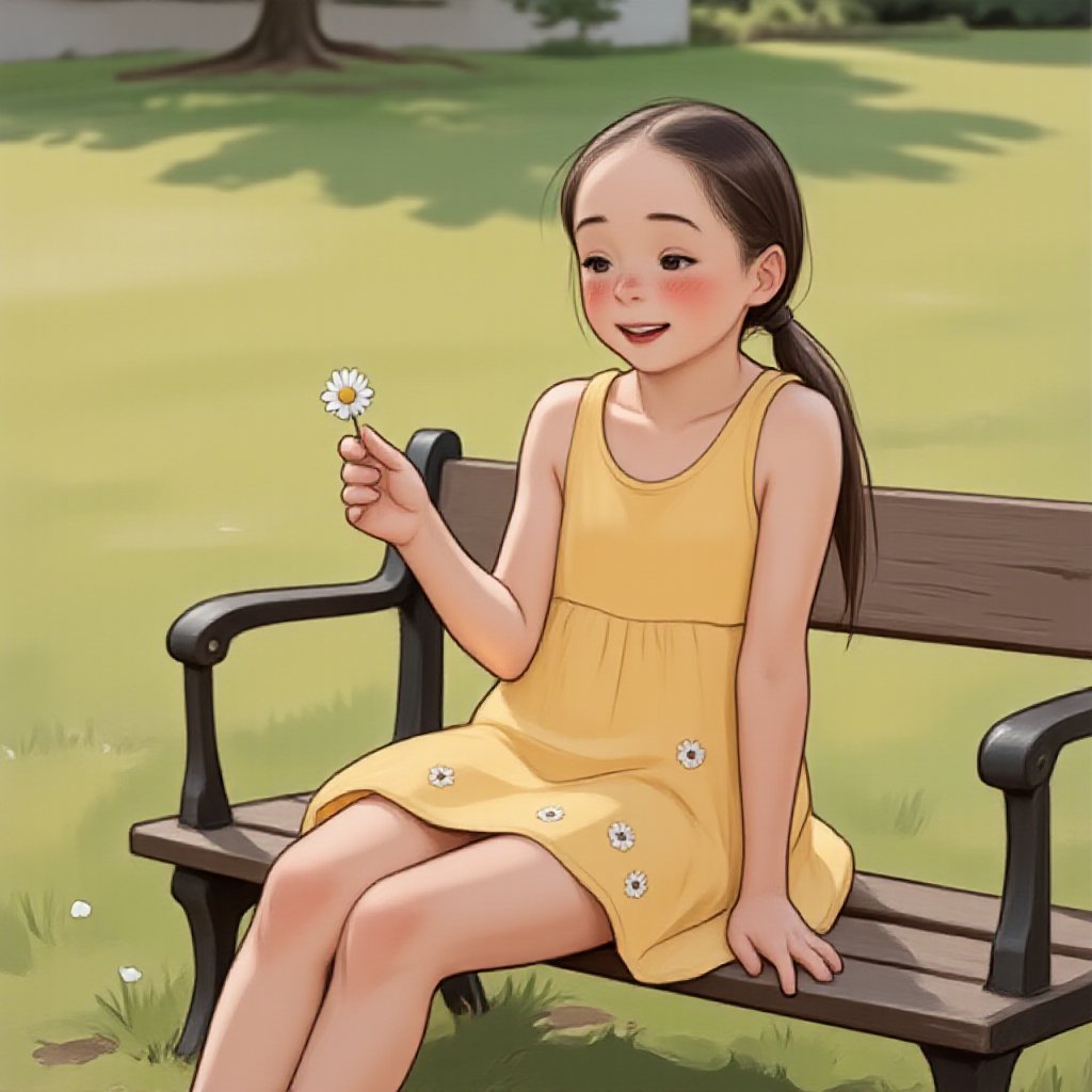 luimi, johaneli, black hair, sitting on a worn wooden bench in a lush green meadow, her hair tied back in a ponytail, wearing a bright yellow sundress with white flowers embroidered along the hem, gazing down at a small, delicate daisy in her hand, sunlight casting a warm glow on her smiling face.