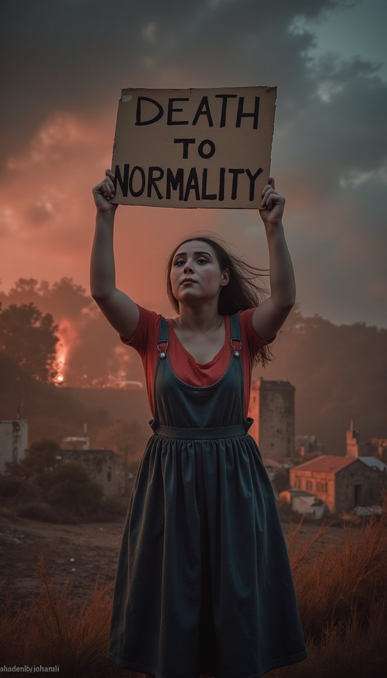 Even as her whole body sinks to the depths of hell, she desperately holds up a placard with one hand. The placard reads, "DEATH TO NORMALITY!",johaneli