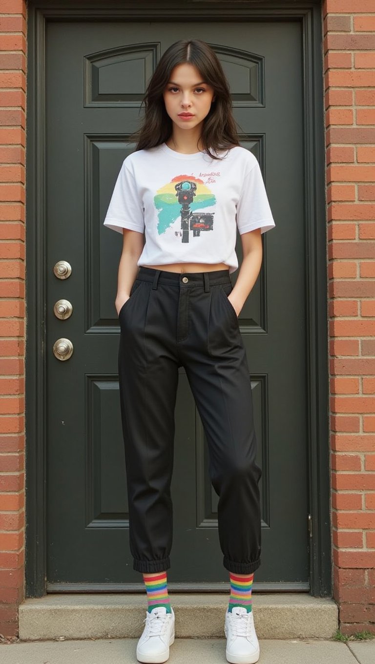 (masterpiece, high quality, 8K resolution). ultra detailed non cropped illustration. incredibly beautiful woman (olirod, black hair). Casual clothes: t-shirt with "no signal" sign, breeches, high rainbow socks, sneakers.The girl is a wonderful combination of maturity and innocence. The fantasy component of the picture makes it bright and contrasting, and the realism in appearance gives the form of a fashion photo shoot. The unusual combination of styles is organically intertwined, giving the viewer a sense of the uniqueness and beauty of real art through the simplicity of everyday life., The image is made by mixing the styles of animation and comics, adding matte colors and elegant drawing for people of all ages.,ct-skyzo_identity