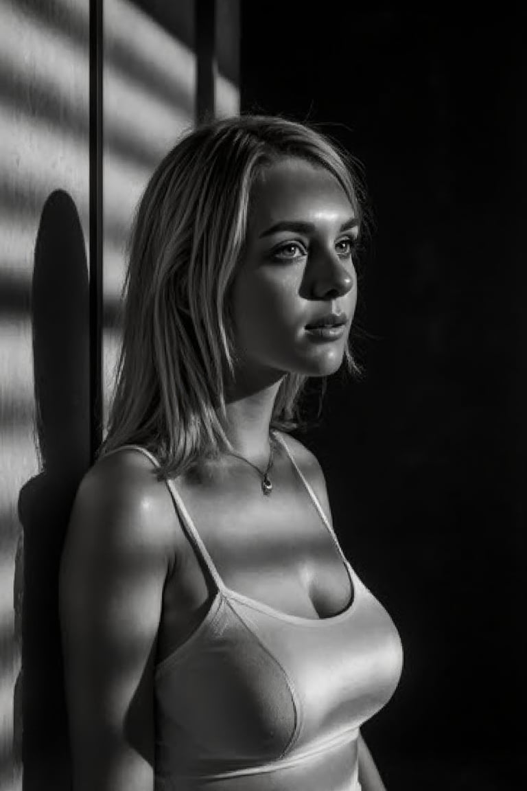 A striking black and white portrait photograph of a woman (gabbiecar) with blonde hair. The dramatic lighting casts deep shadows across their face and body, creating a captivating striped pattern. The subject is posed in profile wearing a light white dress, and the lighting accentuates the facial contours and the unique texture of their hair. The background features vertical lines that complement the overall striped effect, making for a powerful and artistic portrait., portrait photography