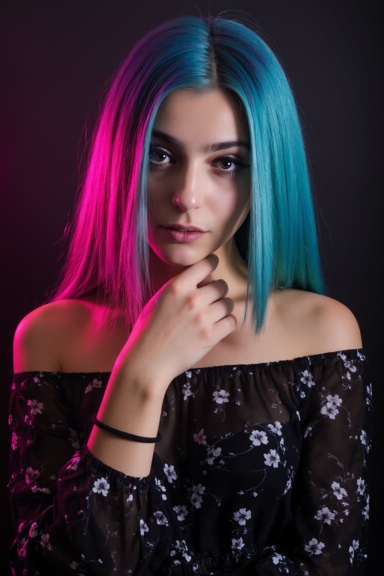 A mesmerizing close-up shot features a stunning snow-white goddess with perfect proportions, delicate hands, and fingers against a sleek black background. Her vibrant, gradient rainbow-hued hair radiates neon luminescence,laurenga