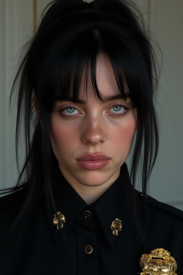 full_body image of a handsome dangerous 25-year-old female cop with black hair and a ponytail femenine face, hyper detailed, highly detailed

Billie Eilish