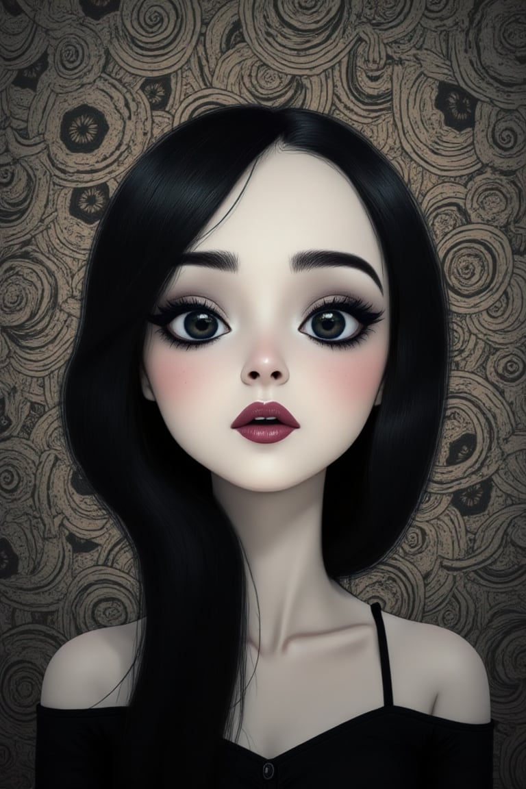 An illustration portrait of a beautiful woman (johaneli) with pale, porcelain-like skin and smooth, dark black hair that falls neatly around her shoulders. Her striking features include sharp cheekbones and expressive eyes. The portrait is rendered in a surreal Tim Burton style, with subtle gothic influences and exaggerated, whimsical proportions. Surrounding her are hypnotic, swirling patterns and spirals that create a mesmerizing, dreamlike atmosphere. Her expression is calm and mysterious, with her eyes drawing the viewer in, enhanced by the hypnotic elements in the background. The muted color palette, featuring shades of black, gray, and pale tones, heightens the haunting, otherworldly mood while keeping the scene elegant and eerie.