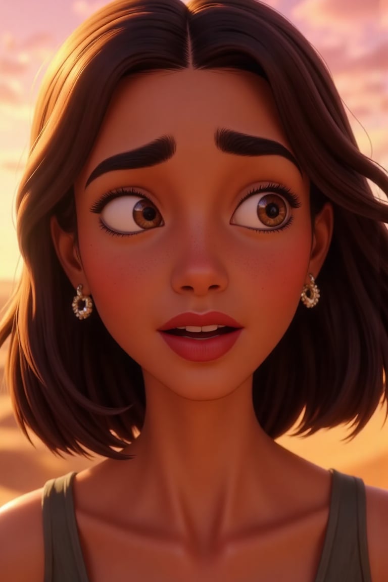 style: Disney cartoon style, 8k, realistic lighting and shadows, vibrant colors, cinematic background, Pixar-like rendering style. A close-up reveals the face of the prophet, her features suddenly filled with awe and wonder. Her once calm and composed expression has given way to an intense moment of realization. Her eyes, now wide open, shine with a mixture of surprise and reverence, as if she has just witnessed something beyond comprehension. The lines on her face, deep from years of wisdom and reflection, are now softened, her eyebrows raised, and her lips slightly parted in disbelief. Her gray beard, neatly trimmed, frames her face as the wind gently stirs her long, flowing hair. The warm, golden light of the setting sun casts a gentle glow across her skin, accentuating every crease and detail of her aged yet strong features. The vibrant hues of orange and pink from the sunset illuminate her face, giving it a soft radiance that complements the wonder in her eyes. Behind her, the vast desert stretches out, bathed in the breathtaking colors of the sunset. The sand dunes, with their sharp ridges, create deep shadows that contrast beautifully with the warm tones of the sky. lilyco, short straight black hair