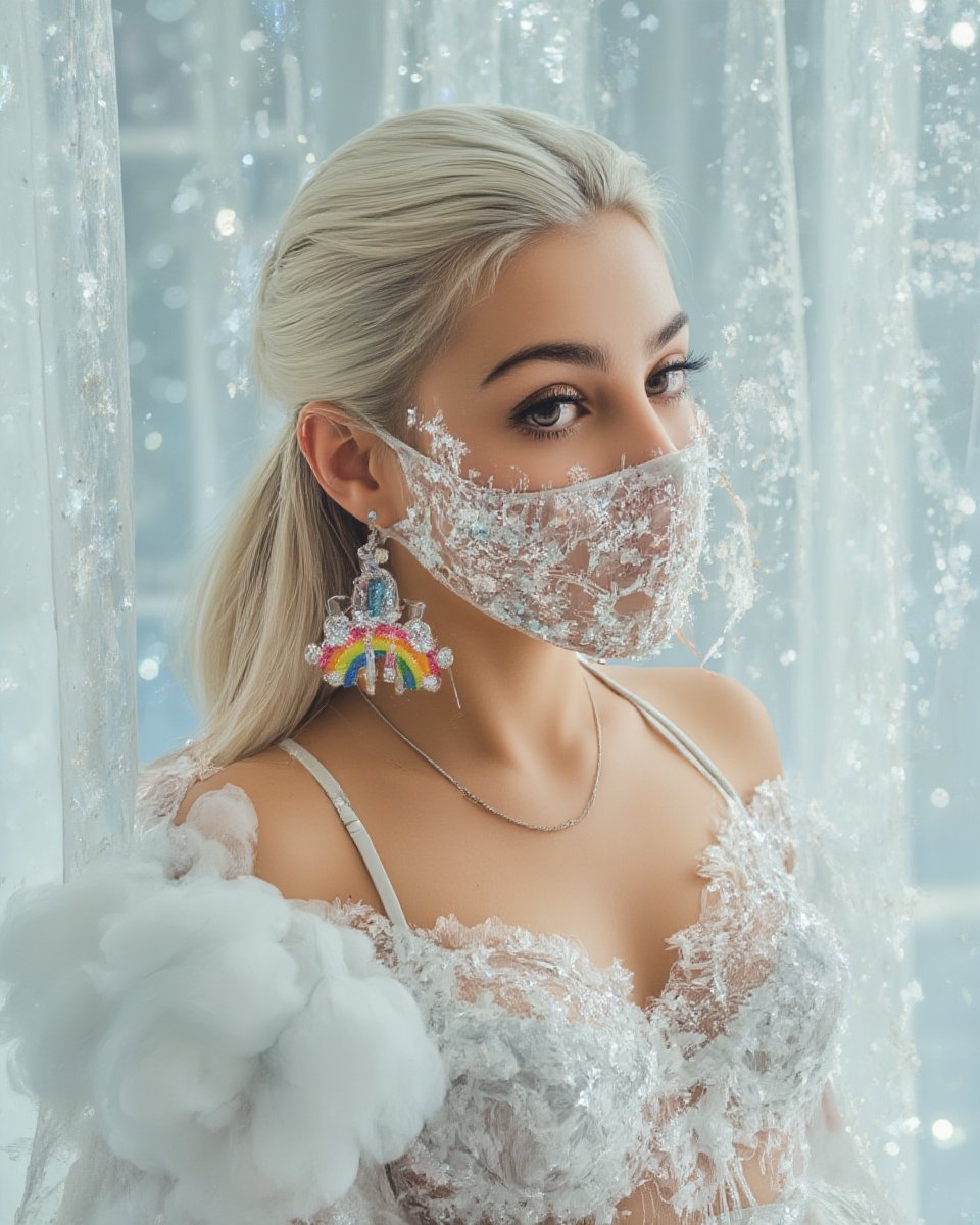 a surreal portrait of a beautiful girl wearing huge glass rainbow-shaped earrings. The light coming through the earrings and reflects on the white sparkling walls. The girl has white slicked back hair and wearing sparkling maskara. She has clouds on her shoulders. Surreal portrait for a magazing cover. laurenga