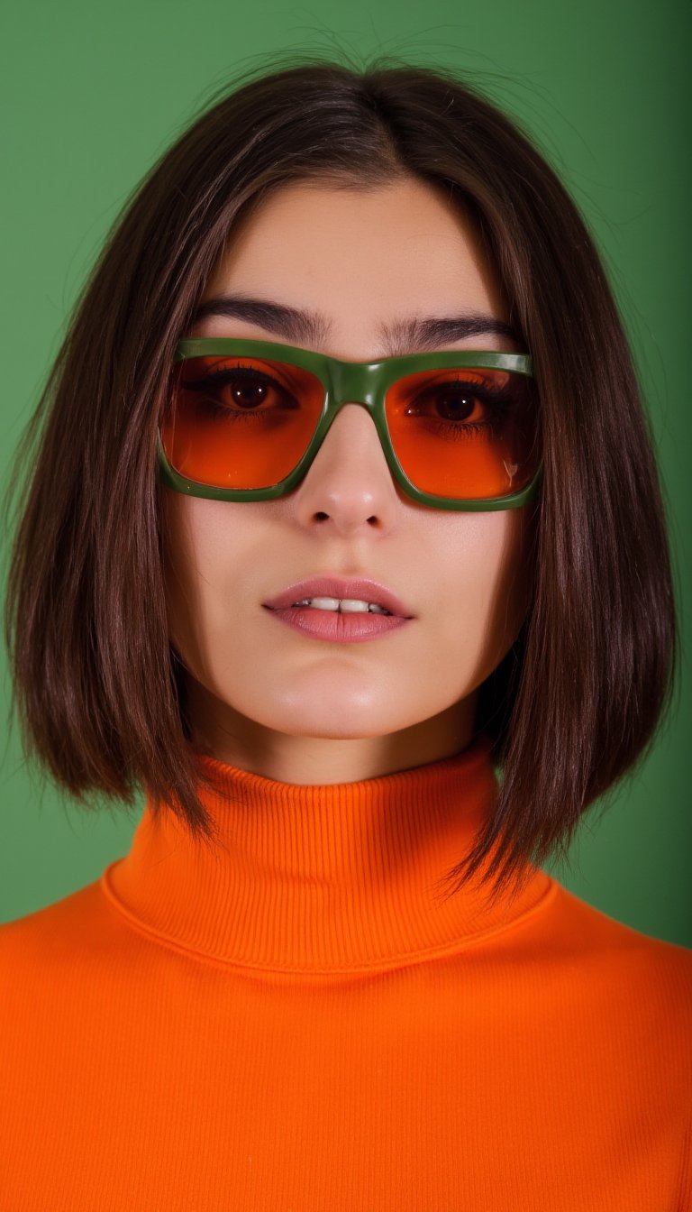 The image is a close-up portrait of a young woman's face. She has shoulder-length brown hair styled in a bob. She is wearing a pair of oversized, square-shaped sunglasses with a green frame and orange lenses. The lenses are tinted and have a geometric pattern. The woman is also wearing a bright orange turtleneck sweater. Her makeup is bold and dramatic, with dark eyeliner and red lipstick. The background is a solid green color, making the woman the focal point of the image.professional photography, editorial photography, art photography, vogue magazine style photography,laurenga