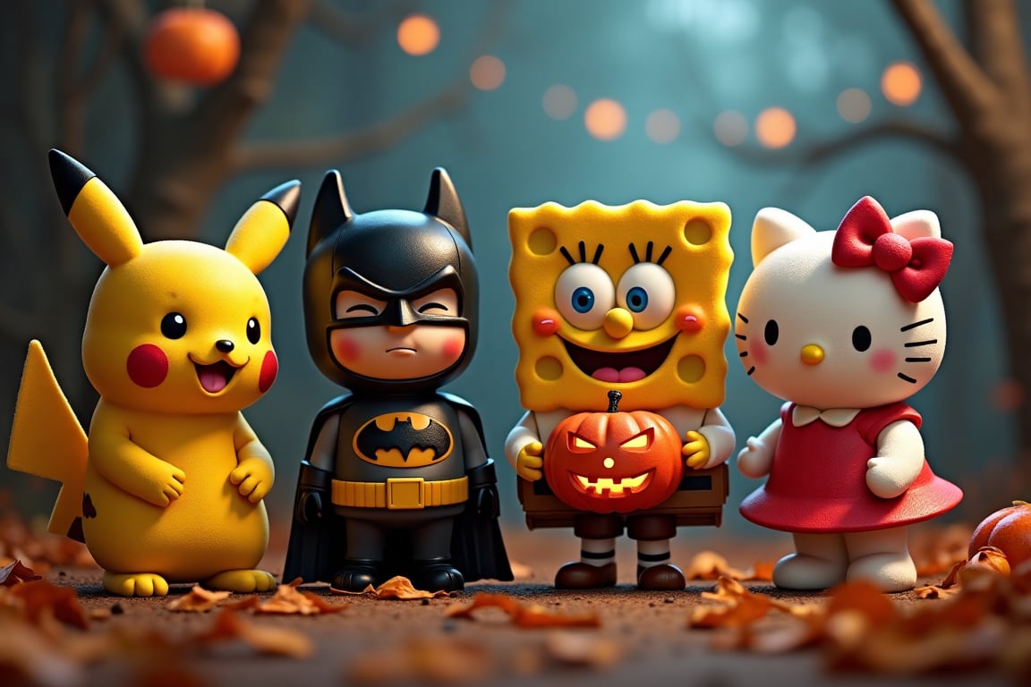 A Halloween party. There are Pikachu, Batman, Charlie Brown, Sponge Bob and Hello Kitty.