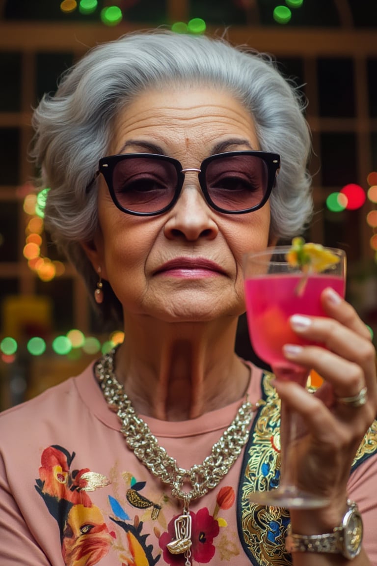 close up A fashion film still of an older woman (mamagrande) with large sunglasses and an abundance of jewelry holding up her pink cocktail, pale skin