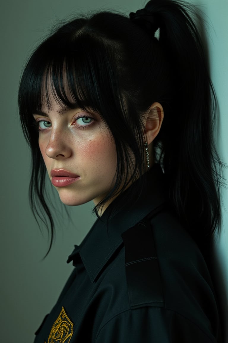 full_body image of a handsome dangerous 25-year-old female cop with black hair and a ponytail femenine face, hyper detailed, highly detailed

Billie Eilish