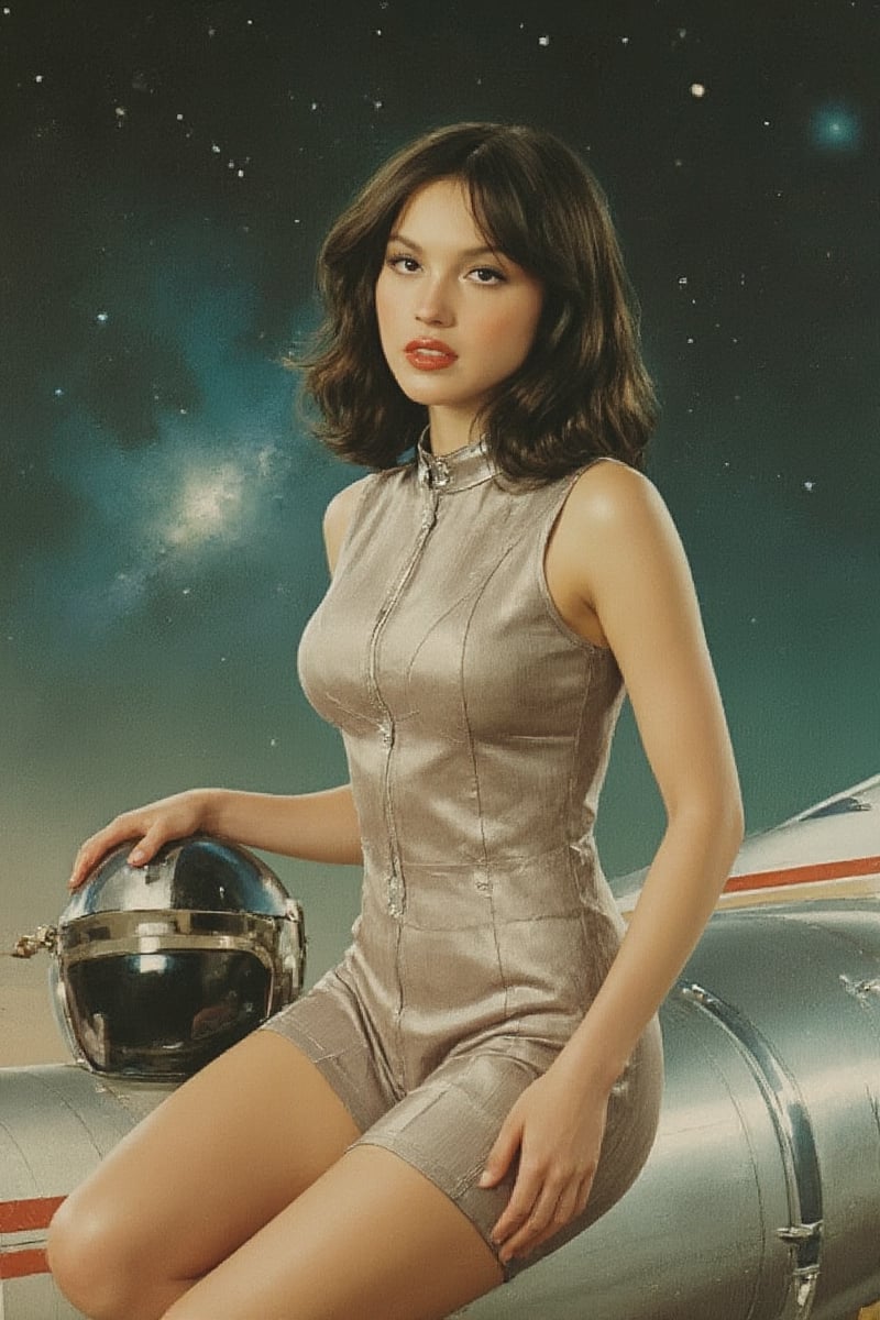 Elegant Space Pilot
A poised and graceful pinup girl from the 1950s (olirod, black hair), wearing a modest, high-collared space uniform with subtle metallic accents, sits confidently atop a sleek, futuristic space jet. Her polished, shoulder-length waves frame her face as she holds a retro flight helmet in her lap. The spacecraft's chrome wings and art deco paneling shimmer against the backdrop of distant stars, while a soft glow from the nebulae highlights her serene, professional demeanor. The sideview composition captures a perfect blend of sophistication and adventure.

