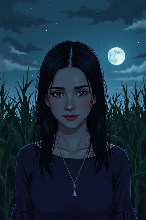 2D Flat Anime Illustration, A haunting illustration of a woman. The woman's pose is frozen in a slightly smile, as a desolate cornfield stretches out behind her. Dark at night with halloween colors. emely half body shot, black eyes.