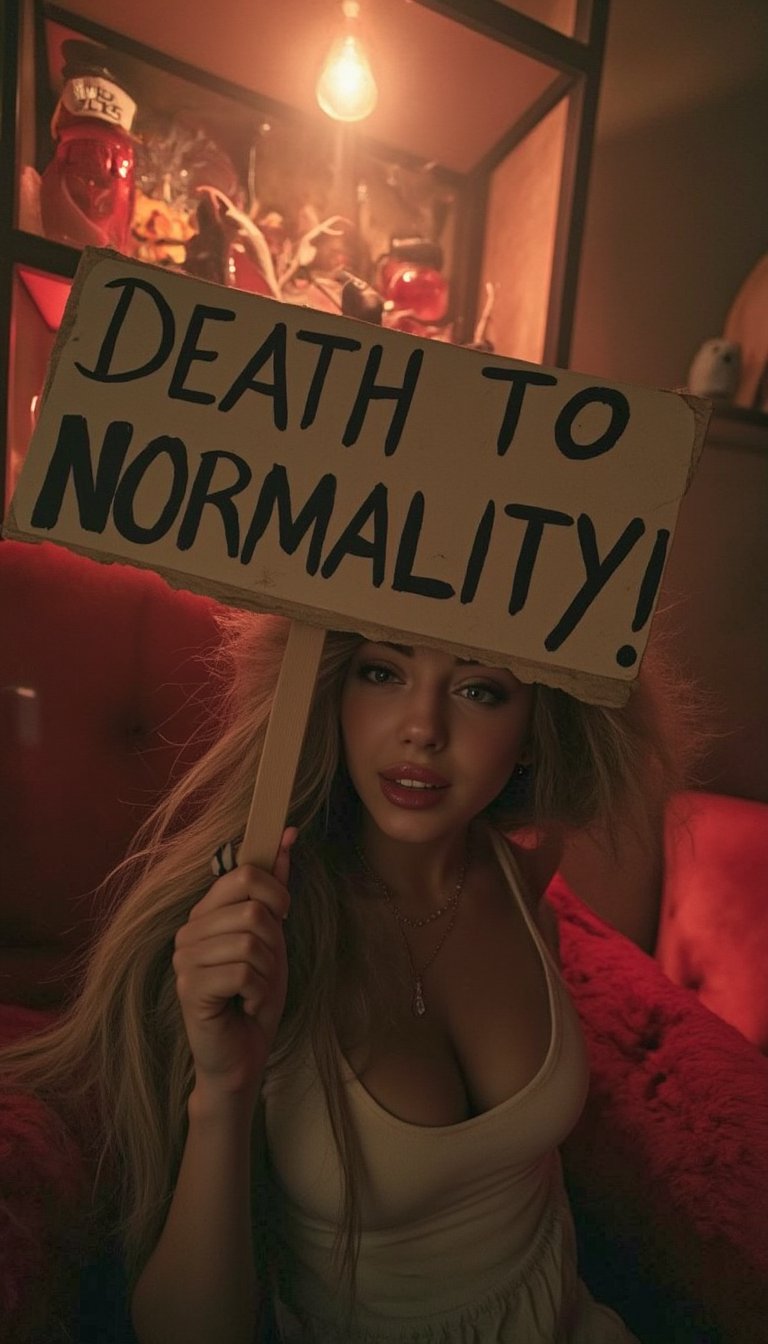 Even as her whole body sinks to the depths of hell, she desperately holds up a placard with one hand. The placard reads, "DEATH TO NORMALITY!",vanilopa