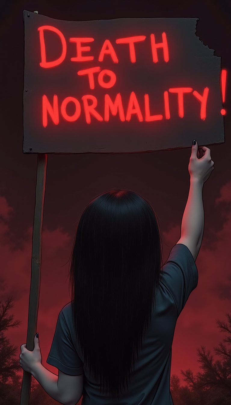 Even as her whole body sinks to the depths of hell, she desperately holds up a placard with one hand. The placard reads, "DEATH TO NORMALITY!",johaneli, black hair