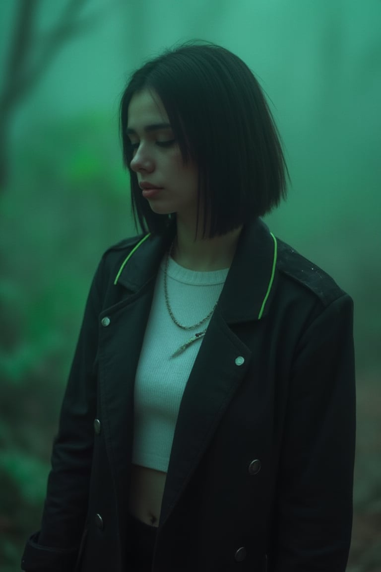 neon_glow, anime style of a woman (babychola) in a neon-trimmed trench coat, white crop top, at green forest, foggy, cinematic feels