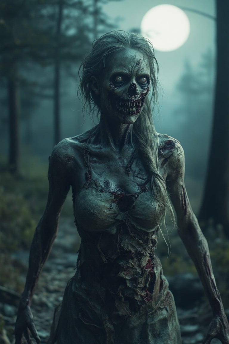 A photorealistic close-up portrait of "Elsa" from Disney "Frozen" as a beautiful zombie lady wearing a dress made of pieces of rotten meat. She stands in a forest clearing at night, illuminated by the full moon's light. The image focuses on her face, capturing the soft glow of the moonlight on her pale skin and the eerie details of her decaying dress. The forest around her is eerily quiet, with the moonlight filtering through the trees, creating a haunting atmosphere.