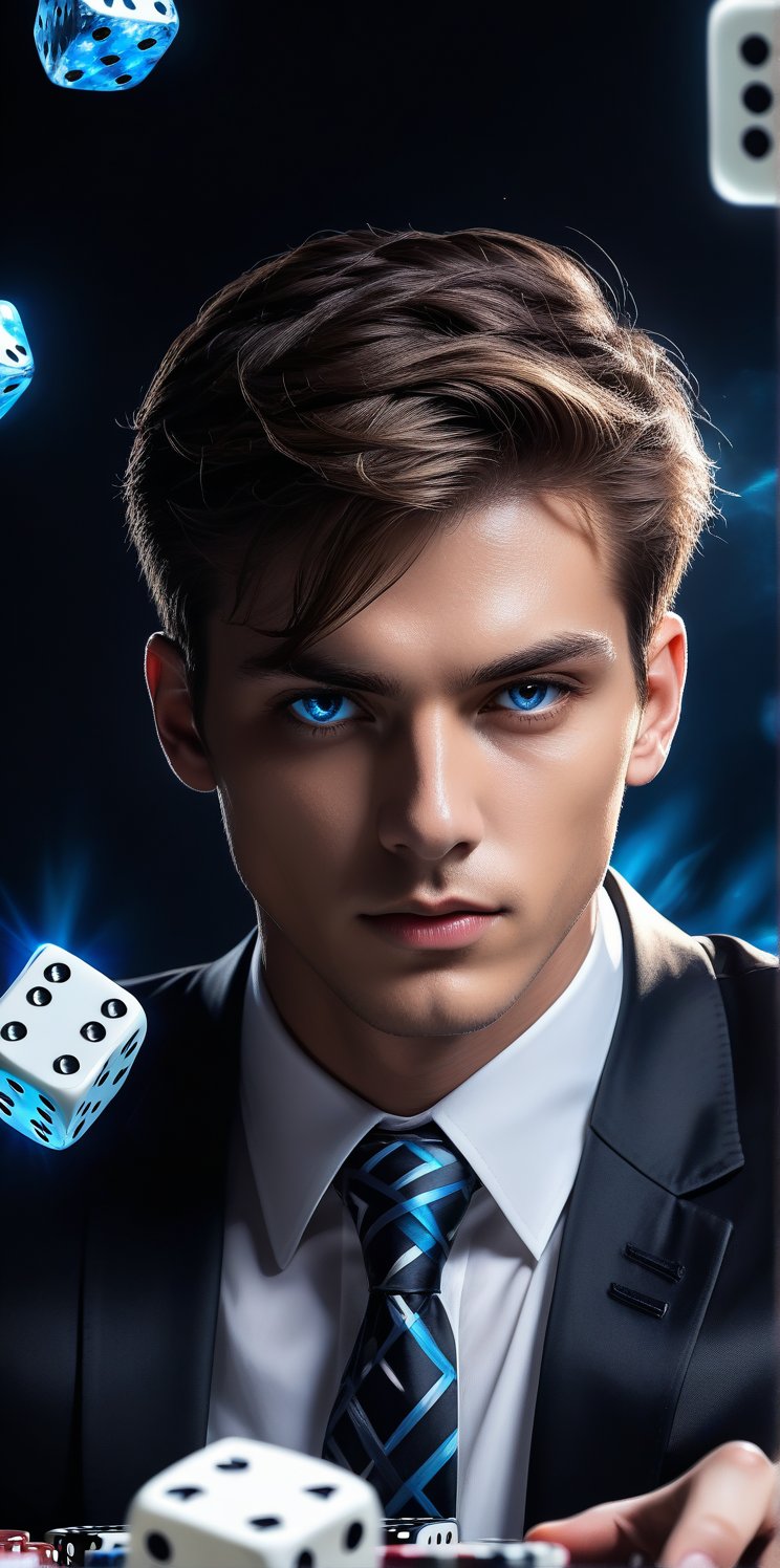 ((masterpiece, best quality, handsome, very aesthetic)), perfect face, 1boy, male_focus, brown hair, short straight hair, cool haircut, brown eyes, black jacket, white shirt, black necktie, (close up), looking at viewer, dark background, 8k, illustration,more detail XL, ((falling dice rolls:1.2)), by redice studio, solo levelling, blue magical aura, glowing eyes, ((poker cards flying in the air:0.5))