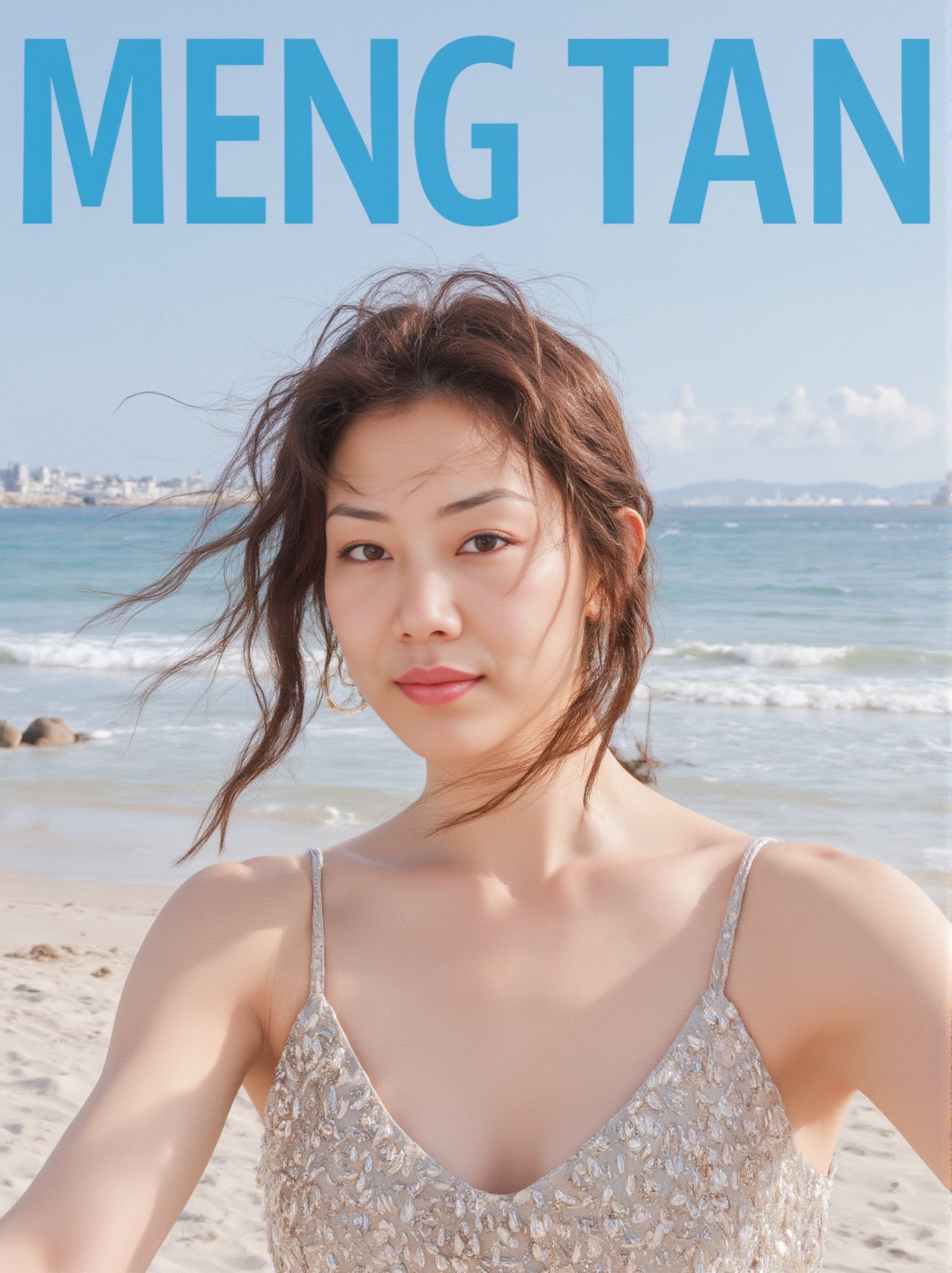 The prominent blue letters at the top of the magazine cover read 'MENG TAN':a Asian woman takes a fisheye selfie on a beach at sunshine, the wind blowing through her messy hair. The sea stretches out behind her, creating a stunning aesthetic and atmosphere with a rating of 1.2, ((poakl)), poakl ggll girl