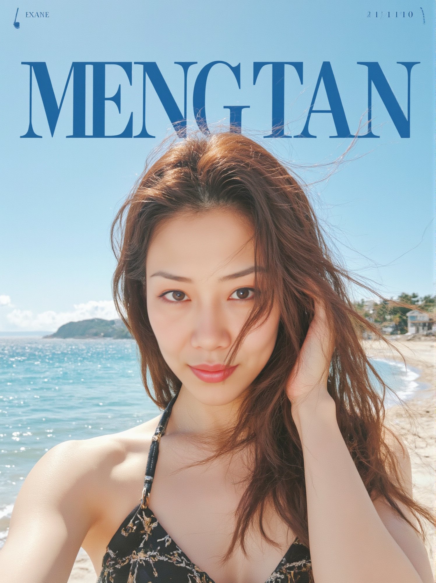 The prominent blue letters at the top of the magazine cover read 'MENG TAN':a Asian woman takes a fisheye selfie on a beach at sunshine, the wind blowing through her messy hair. The sea stretches out behind her, creating a stunning aesthetic and atmosphere with a rating of 1.2, ((poakl)), poakl ggll girl