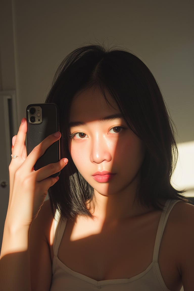 A black-haired girl takes a selfie in her room,  sunlight streaming through the window,  casting a bright glow on her face...