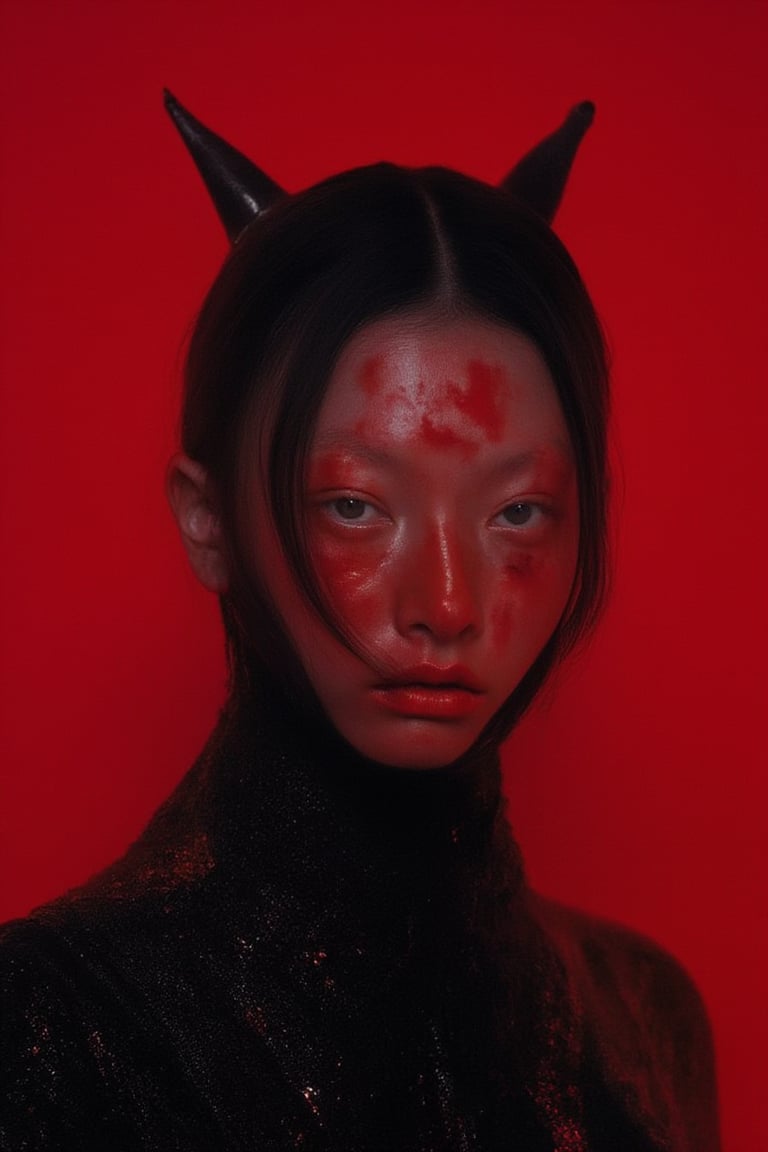 A woman with red makeup on her face, including a red nose and lips, is standing in front of a red background. She appears to be wearing a black outfit and has dark hair. The image gives off an eerie vibe due to the contrasting colors and the woman's unique appearance..,Weird_Aquatic_Style,npl,