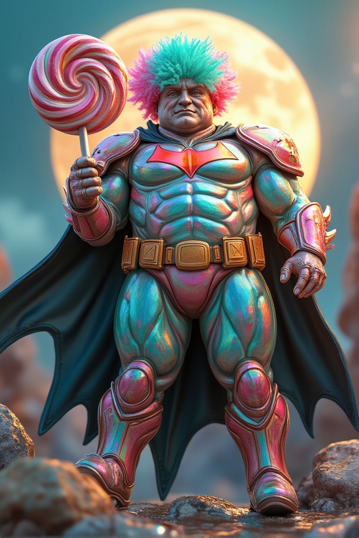 a 40 years sophisticated old man with cyan pink and green afro curly hair, holding a huge lolipop. a little bit fat body, wearing colorfull  candy suit featuring a bat symbol on his chest with a red circle behind the bat logo, flowing black cape, He stands with a grim expression, A lage super full moon and jagged huge candies as a background, The light from the moon barely illuminates his surroundings, casting dramatic shadows across his face and armor, His cubby, chiseled features and funny gaze show years of joy, The atmosphere is cheerfull, evoking the feeling of a lone vigilante preparing for the next battle,kodja,EyeCandy