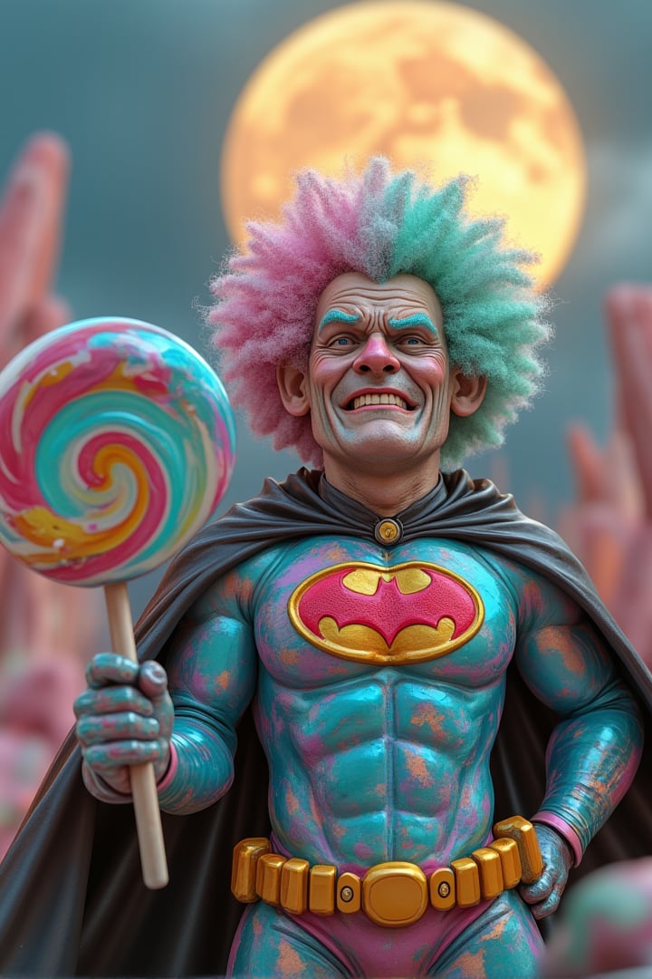 a 40 years sophisticated old man with cyan pink and green afro curly hair, holding a huge lolipop. a little bit fat body, wearing colorfull  candy suit featuring a bat symbol on his chest with a red circle behind the bat logo, flowing black cape, He stands with a grim expression, A lage super full moon and jagged huge candies as a background, The light from the moon barely illuminates his surroundings, casting dramatic shadows across his face and armor, His cubby, chiseled features and funny gaze show years of joy, The atmosphere is cheerfull, evoking the feeling of a lone vigilante preparing for the next battle,kodja,EyeCandy