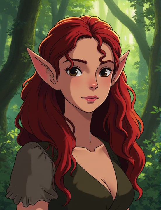 2d flat colors headshot portrait scrawny woman elf with curly long dark red hair and brown eyes and dorsal hump dnd  forest dnd background