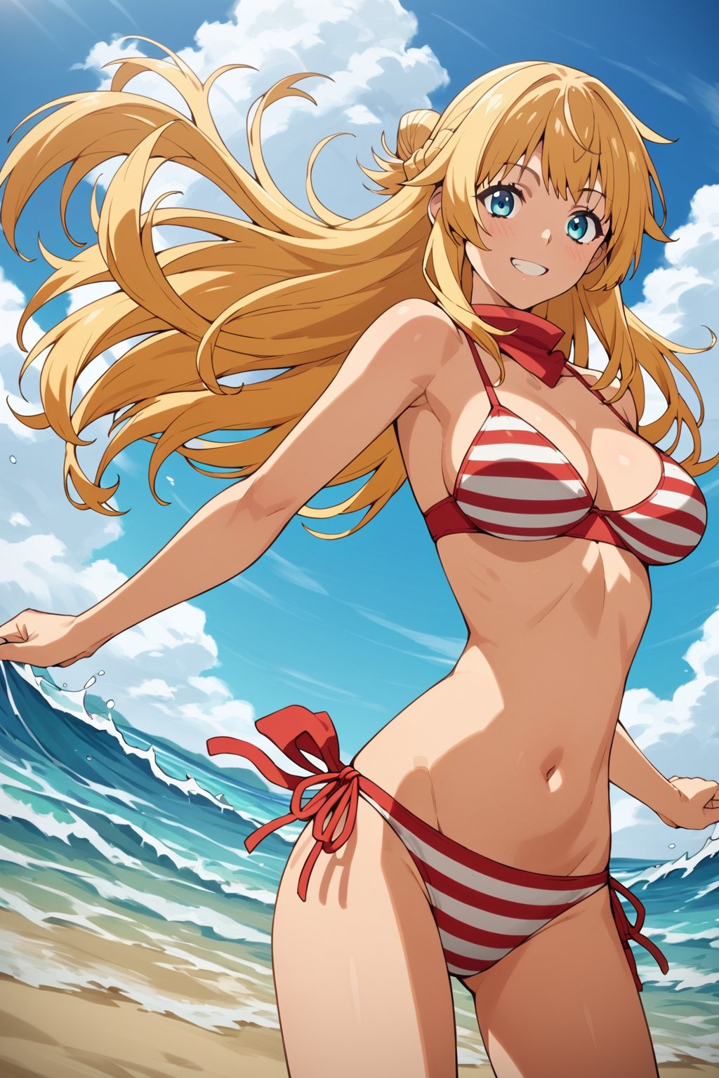 score_9, score_8_up, score_7_up, score_6_up, score_5_up, score_4_up, source_anime, ritto, single hair bun, anime coloring,waves, beach, blue sky, (clouds:0.8), solo, smile, red bikini, striped bikini, flat illustration, cowboy shot, dynamic pose angle, masterpiece, best-quality, highest-definition, ultra-detailed, high-resolution, intricate,