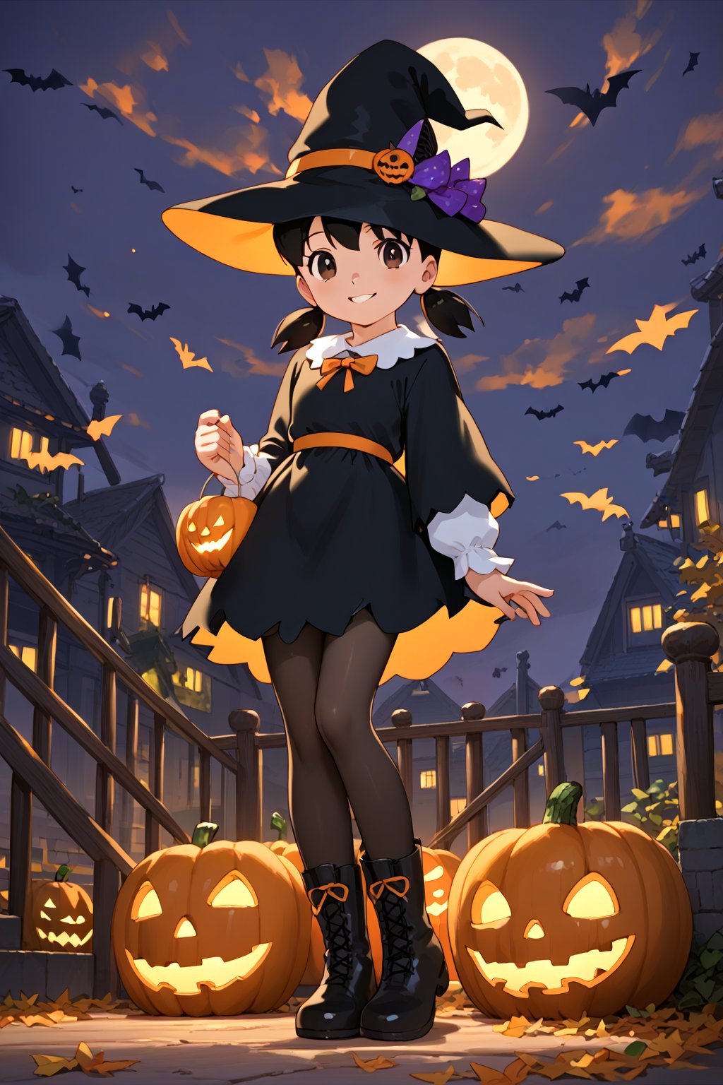 score_9, score_8_up, score_7_up, score_6_up, score_5_up, score_4_up, source_anime, (masterpiece, top quality), high definition, artistic composition, minamoto shizuka, low twintails, short twintails, 1girl, hat, solo, witch hat, halloween, full body, looking at viewer, smile, halloween costume, dress, jack-o'-lantern, pumpkin, black headwear, black dress, boots, black pantyhose