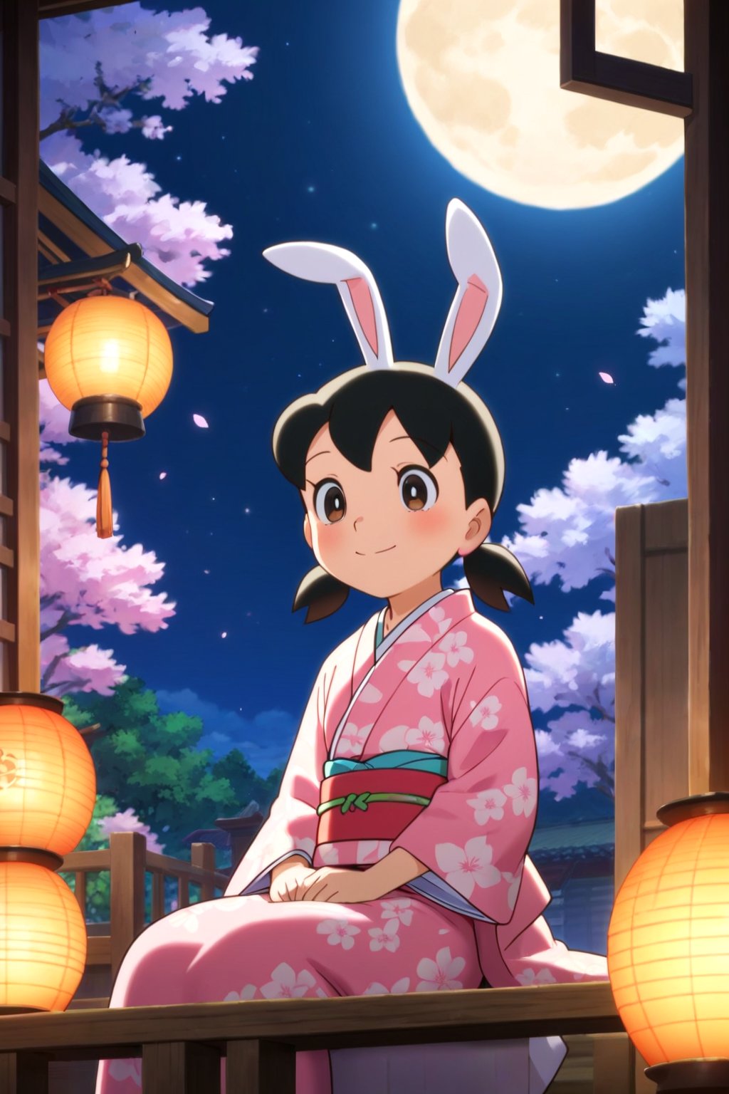 score_9, score_8_up, score_7_up, score_6_up, score_5_up, score_4_up, source_anime, anime coloring, minamoto shizuka, low twintails, 1girl, japanese clothes, solo, long hair, moon, kimono, full moon, smile, wagashi, food, sitting, layered clothes, pink kimono, floral print, animal ears, seiza, blush, rabbit ears, night, wide sleeves, layered kimono, mochi, short hair,