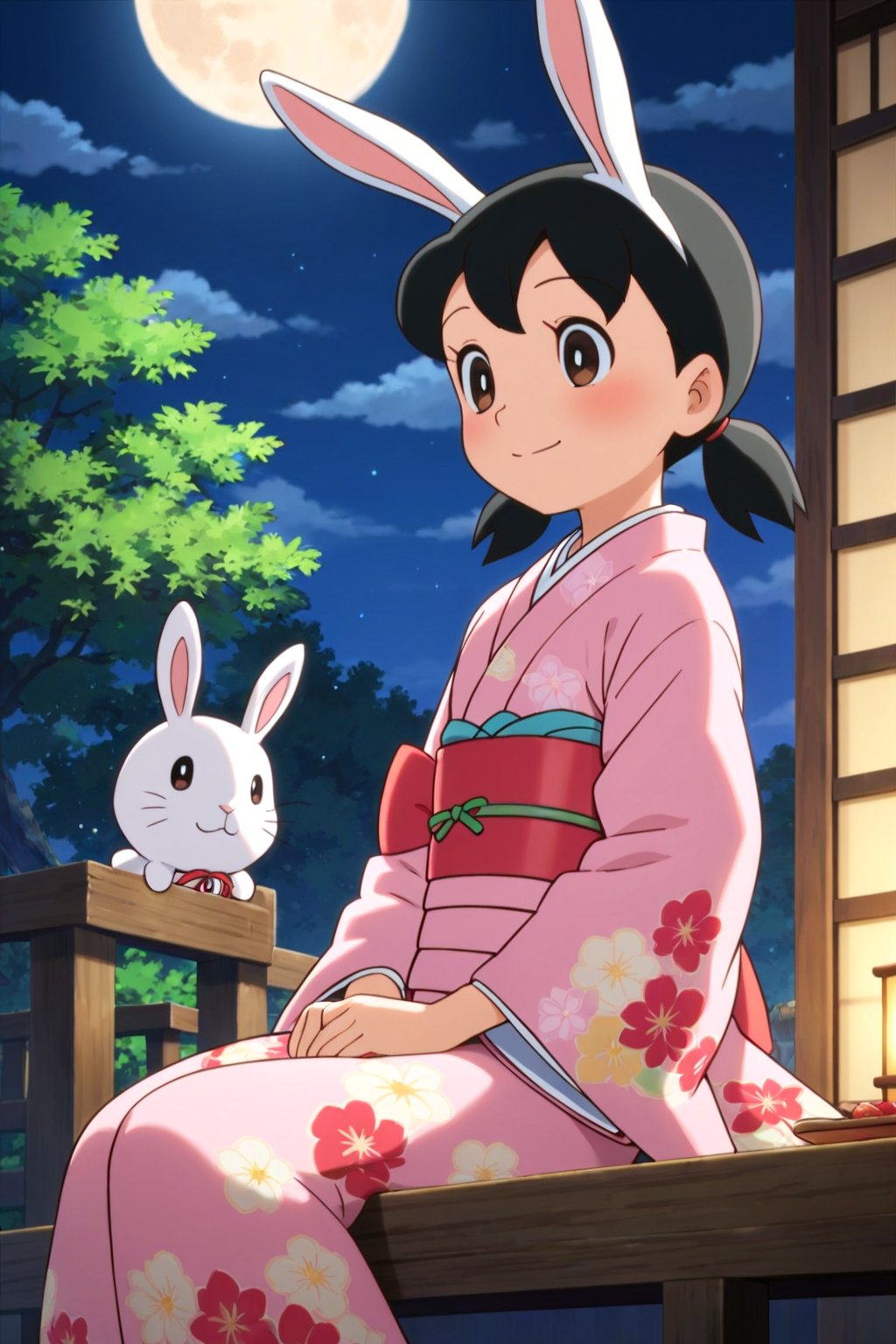 score_9, score_8_up, score_7_up, score_6_up, score_5_up, score_4_up, source_anime, anime coloring, minamoto shizuka, low twintails, 1girl, japanese clothes, solo, long hair, moon, kimono, full moon, smile, wagashi, food, sitting, layered clothes, pink kimono, floral print, animal ears, seiza, blush, rabbit ears, night, wide sleeves, layered kimono, mochi,