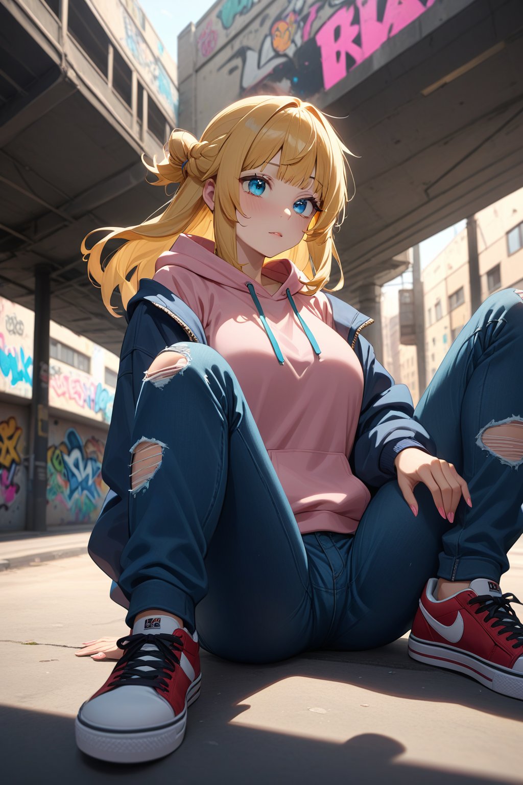 masterpiece, high detailed,very aesthetic, ritto, 1girl, blonde hair, blue eyes, detailed gorgeous eyes, perfect face, detailed face, street-style girl, sitting, confident pose, under bridge, graffiti art, urban setting, hoodie, ripped jeans, sneakers, vibrant colors, expressive graffiti, shadows, natural lighting, BREAK, relaxed expression, hands in pockets, cool demeanor, wind-blown hair, cinematic, dusk, from_below,