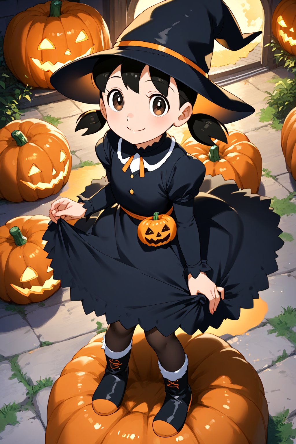 score_9, score_8_up, score_7_up, score_6_up, score_5_up, score_4_up, source_anime, (masterpiece, top quality), high definition, artistic composition, minamoto shizuka, low twintails, short twintails, 1girl, hat, solo, witch hat, halloween, full body, looking at viewer, smile, halloween costume, dress, jack-o'-lantern, pumpkin, black headwear, black dress, boots, black pantyhose