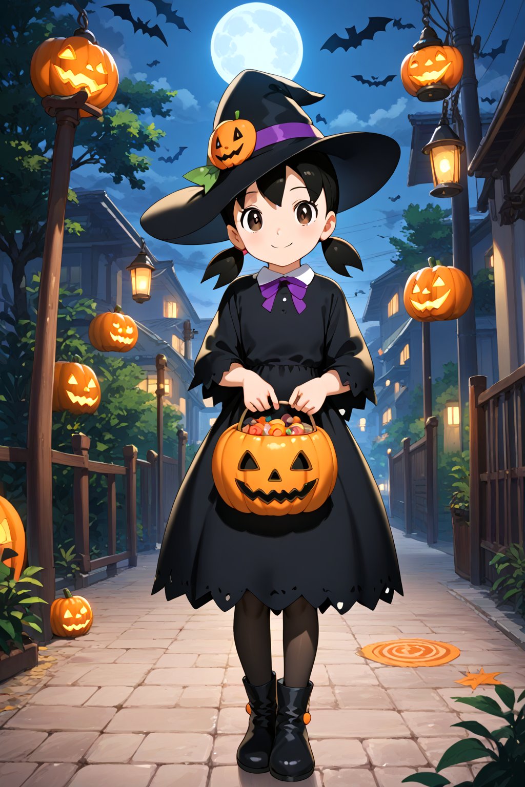 score_9, score_8_up, score_7_up, score_6_up, score_5_up, score_4_up, source_anime, (masterpiece, top quality), high definition, artistic composition, minamoto shizuka, low twintails, short twintails, 1girl, hat, solo, witch hat, halloween, full body, looking at viewer, smile, halloween costume, dress, jack-o'-lantern, pumpkin, black headwear, black dress, boots, black pantyhose