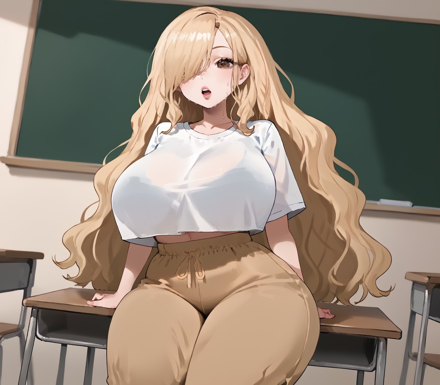 girl sitting at classroom desk, zPDXL3,(neghands), score_9, score_7_up, source_anime BREAK chalkboard, 1girl, solo, from below, facing viewer, looking at viewer, BEBEstyle,Cham22, debbie, blonde hair,hair over one eye, wavy hair, long hair, very long hair, big hair, brown eyes, curvy, thick lips, huge mouth, upper teeth only, tanned, narrow waist BREAK athletic shirt, sweatpants, skindentation