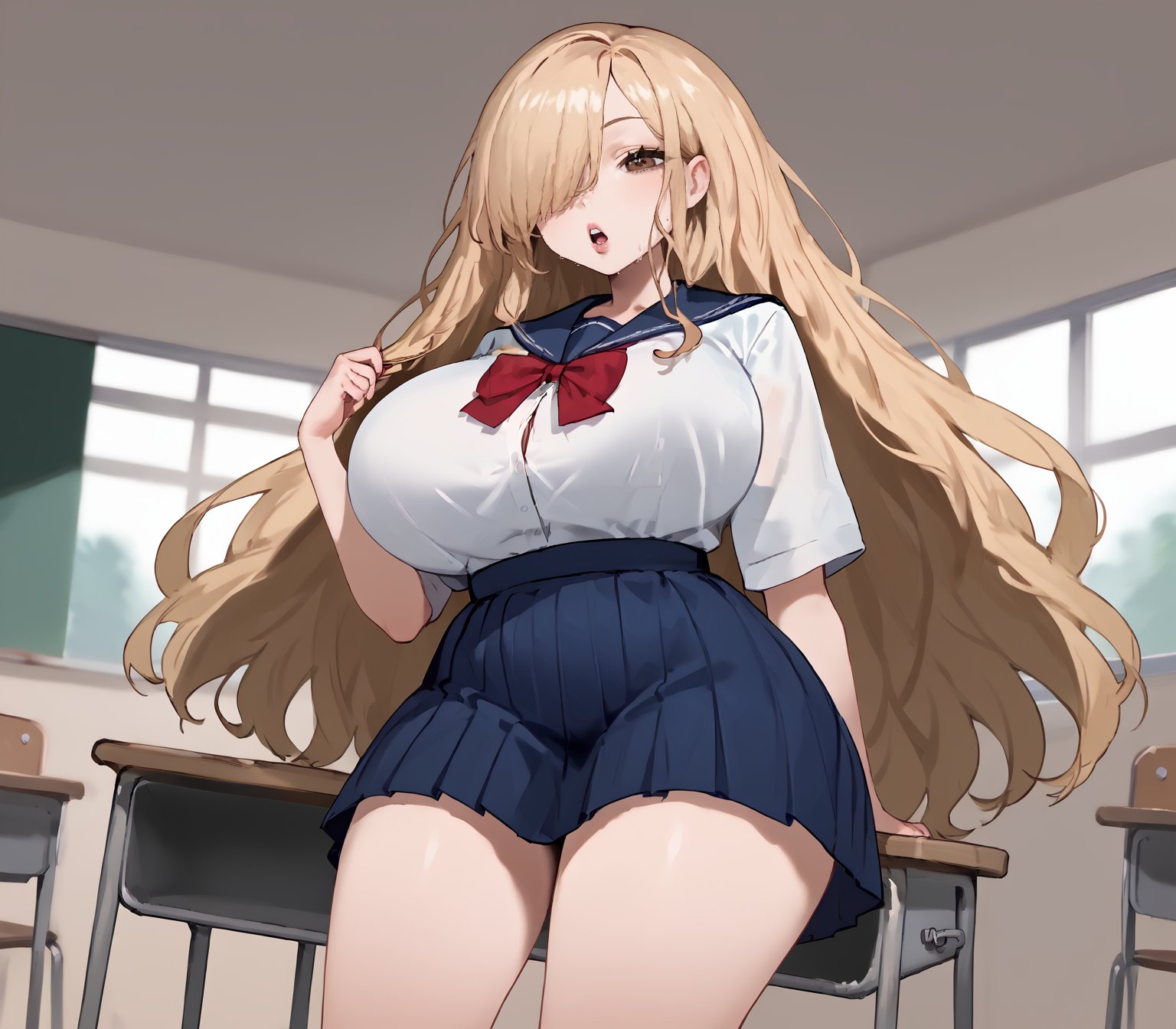 girl sitting at classroom desk, zPDXL3,(neghands), score_9, score_7_up, source_anime BREAK school desk, 1girl, solo, from below, facing viewer, looking at viewer, BEBEstyle,Cham22, debbie, blonde hair,hair over one eye, wavy hair, long hair, very long hair, big hair, brown eyes, curvy, thick lips, huge mouth, upper teeth only, tanned, narrow waist BREAK school uniform, skindentation