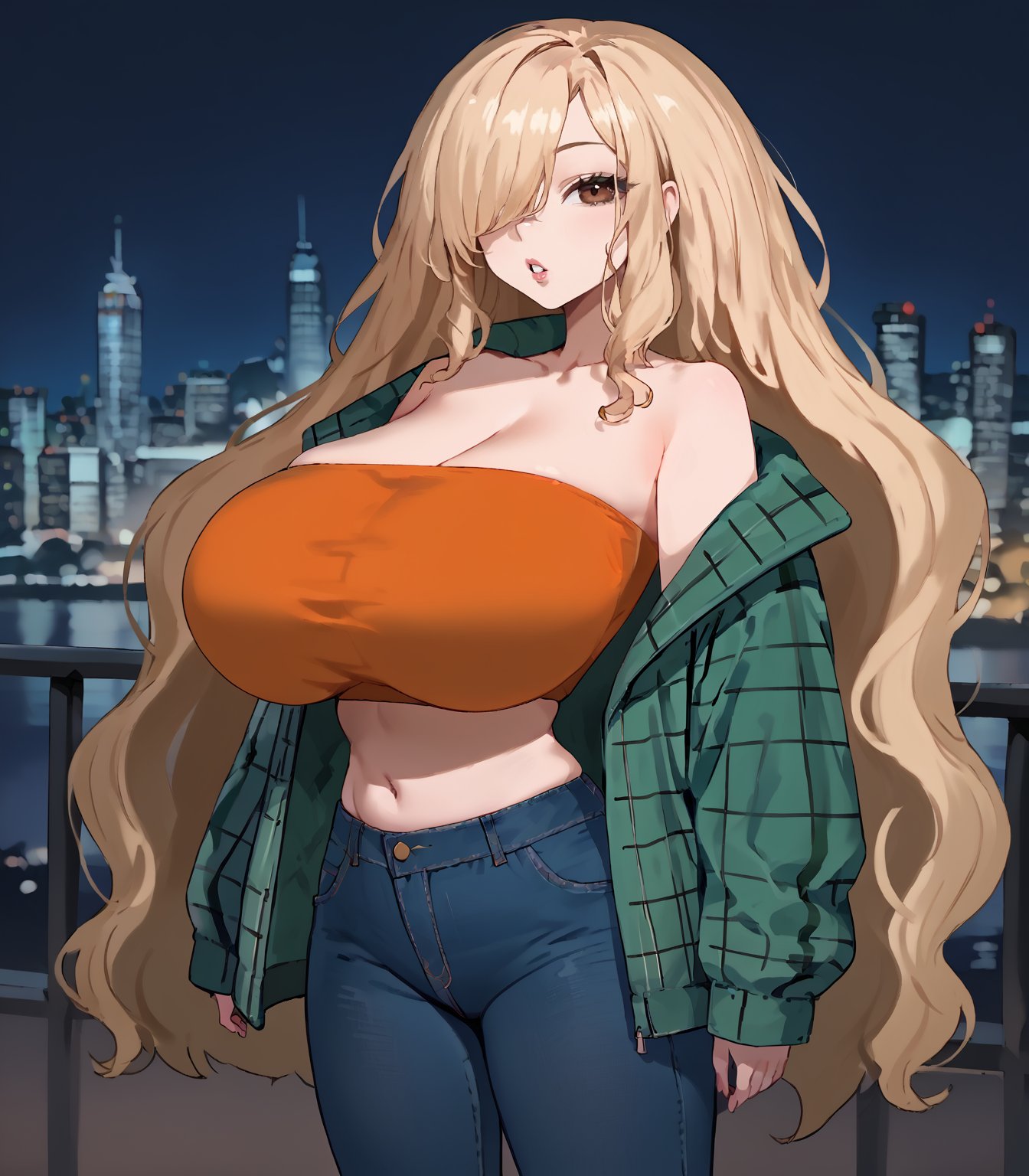 girl standing in the moonlight, zPDXL3,(neghands), score_9, score_7_up, source_anime BREAK 1girl, solo, night, night sky, city lights, looking at viewer, BEBEstyle,Cham22, debbie, blonde hair,hair over one eye, (jacket), green jacket, plaid jacket, jeans, oversized clothes, orange tube top, skindentation, very long hair, wavy hair, big hair, brown eyes, curvy, thick lips, huge mouth, upper teeth only BREAK