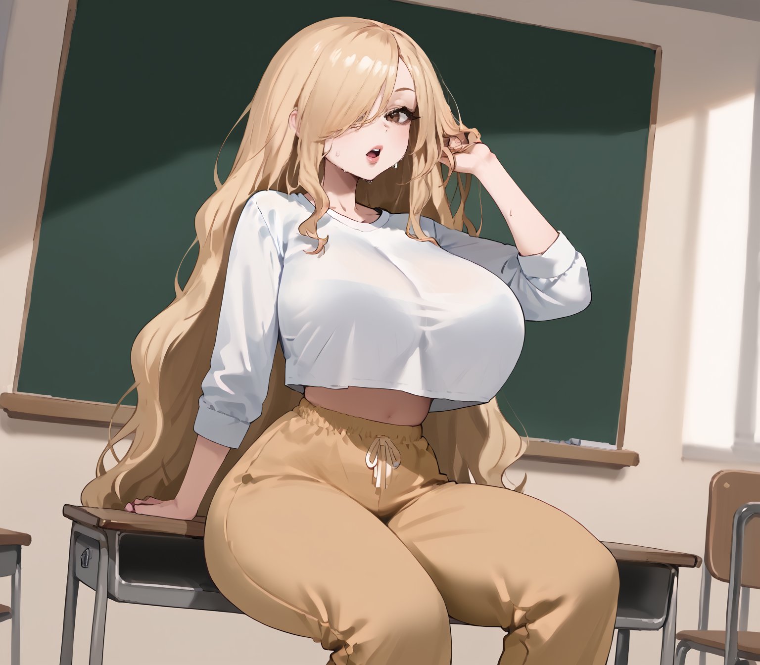 girl sitting at classroom desk, zPDXL3,(neghands), score_9, score_7_up, source_anime BREAK chalkboard, 1girl, solo, from below, facing viewer, looking at viewer, BEBEstyle,Cham22, debbie, blonde hair,hair over one eye, wavy hair, long hair, very long hair, big hair, brown eyes, curvy, thick lips, huge mouth, upper teeth only, tanned, narrow waist BREAK athletic shirt, sweatpants, skindentation