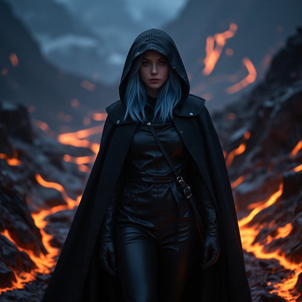 score_9, score_8_up, score_7_up, score_6_up, score_5_up, score_4_up, (masterpiece, 4K, HD), best quality, 20yo girl, fullbody, light blue hair, wearing a long black hooded leather cloak, completely hidden under the cloak, only her red eyes are visible under the hood, hell scenery, dim dark lighting, walking though hell, walking though lava, walking though pits of hell Expressiveh, 1dk, portrait, ral-lava 