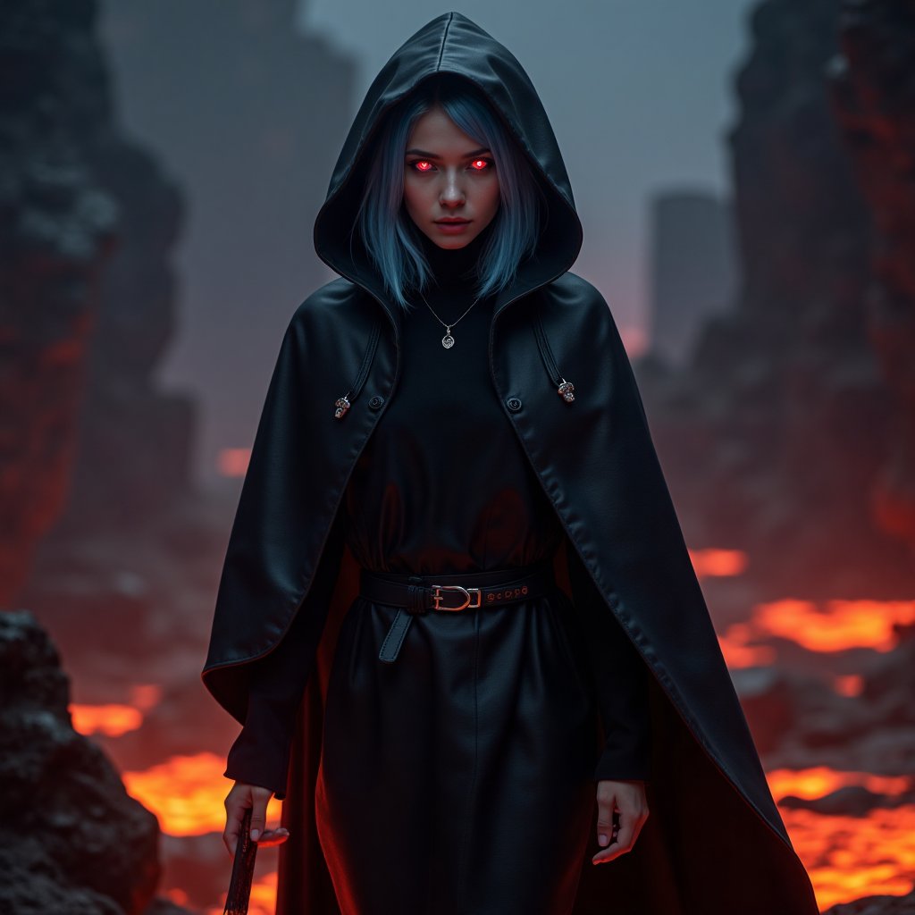 score_9, score_8_up, score_7_up, score_6_up, score_5_up, score_4_up, (masterpiece, 4K, HD), best quality, 20yo girl, light blue hair, wearing a long black hooded leather cloak, completely hidden under the cloak, only her red eyes are visible under the hood, holding a Scythe in one hand, hell scenery, dim dark lighting, walking though hell, walking though lava, walking though pits of hell Expressiveh, 1dk, portrait, ral-lava 