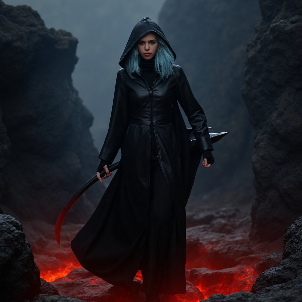 score_9, score_8_up, score_7_up, score_6_up, score_5_up, score_4_up, (masterpiece, 4K, HD), best quality, 20yo girl, light blue hair, wearing a long black hooded leather cloak, completely hidden under the cloak, only her red eyes are visible under the hood, holding a Scythe in one hand, hell scenery, dim dark lighting, walking though hell, walking though lava, walking though pits of hell Expressiveh, 1dk, portrait, ral-lava 