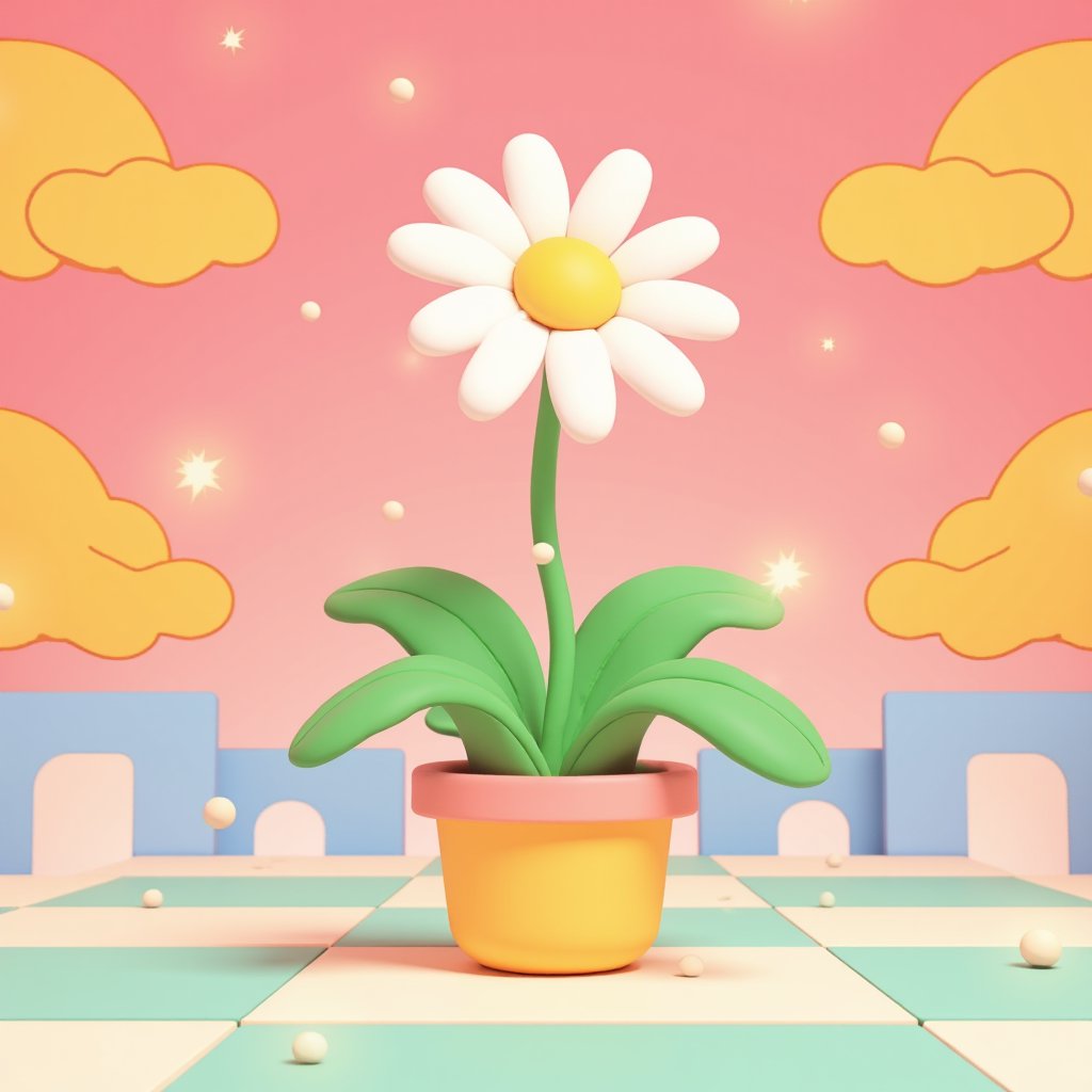 A single white daisy with a long, swirling green stem in a yellow and pink pot, set against a vibrant geometric background of a checkered floor in teal, white, and orange with a pink sky filled with stylized orange and yellow clouds. Rendered in a Pop Art style with a bright, cheerful color palette of orange, pink, yellow, green, and blue. The scene is illuminated by bright, almost-neon lighting with sparkling accents, captured from a frontal perspective with a slight upward angle. The textures are smooth and flat, creating a whimsical and joyful atmosphere.