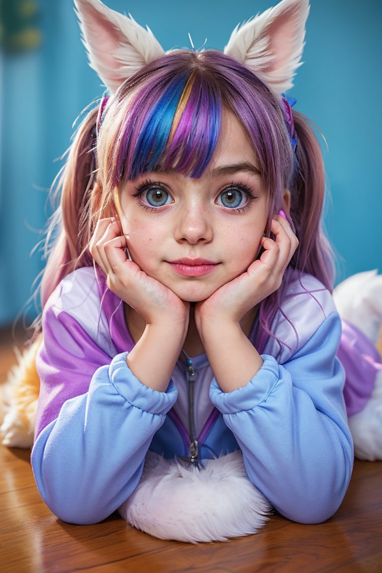 little girl lying on her front resting her face on her hands looking at the viewer, colorful and cheerful background, young,, alternative_costume, blueeyes, wide_hip, , school_uniform,furry female,animal ear,   fluff,body fur,bunny ears,fang, tail ,