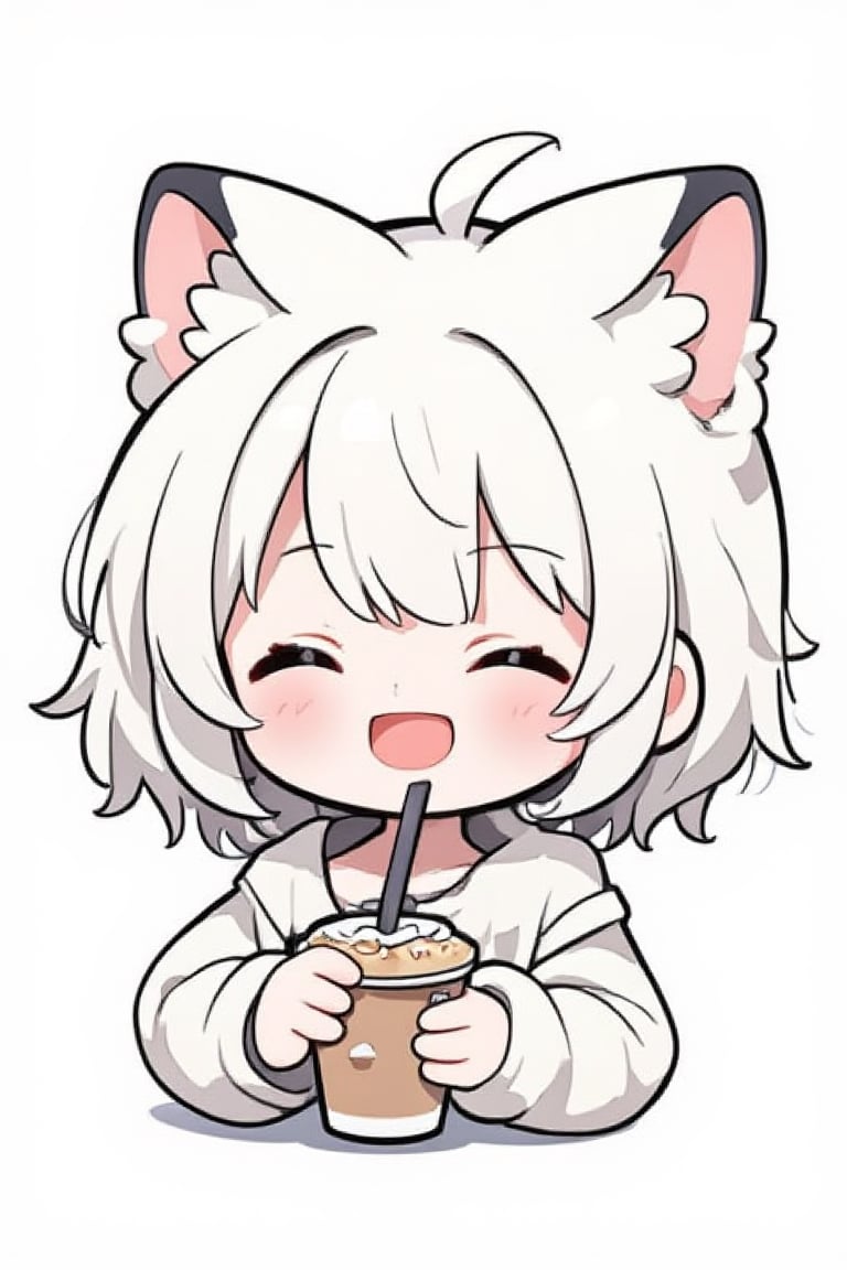 a cute chibi cat girl, long messy white haired, cat ears, holding a paper cup drink with a straw, smiling happily with her eyes closed, vector illustration, isolated in white background, thick black outlines