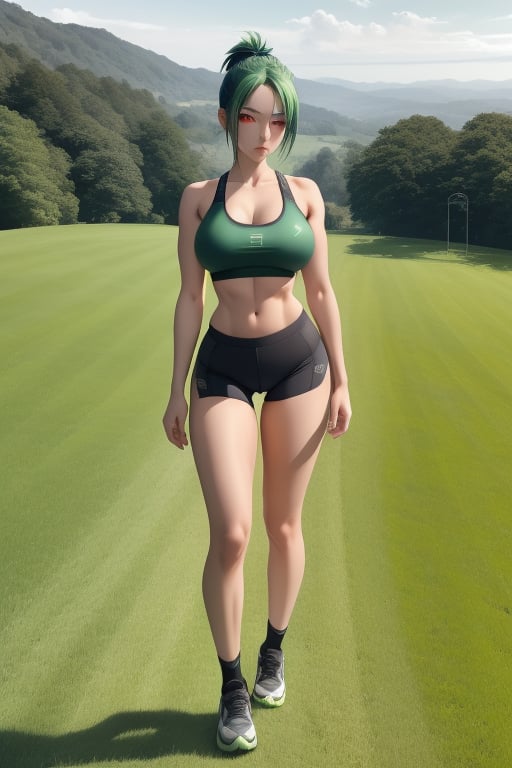 1girl, lush dark blue-green hair, NSFW, skimpy black sports bra, short tight black bicycle shorts, red eyes, full body shot, masterpiece, best quality, in a open field, stunning view, big breast, athletic body frame