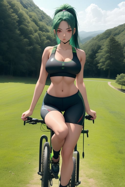 1girl, lush dark blue-green hair, NSFW, skimpy black sports bra, short tight black bicycle shorts, red eyes, full body shot, masterpiece, best quality, in a open field, stunning view, big breast, athletic body frame