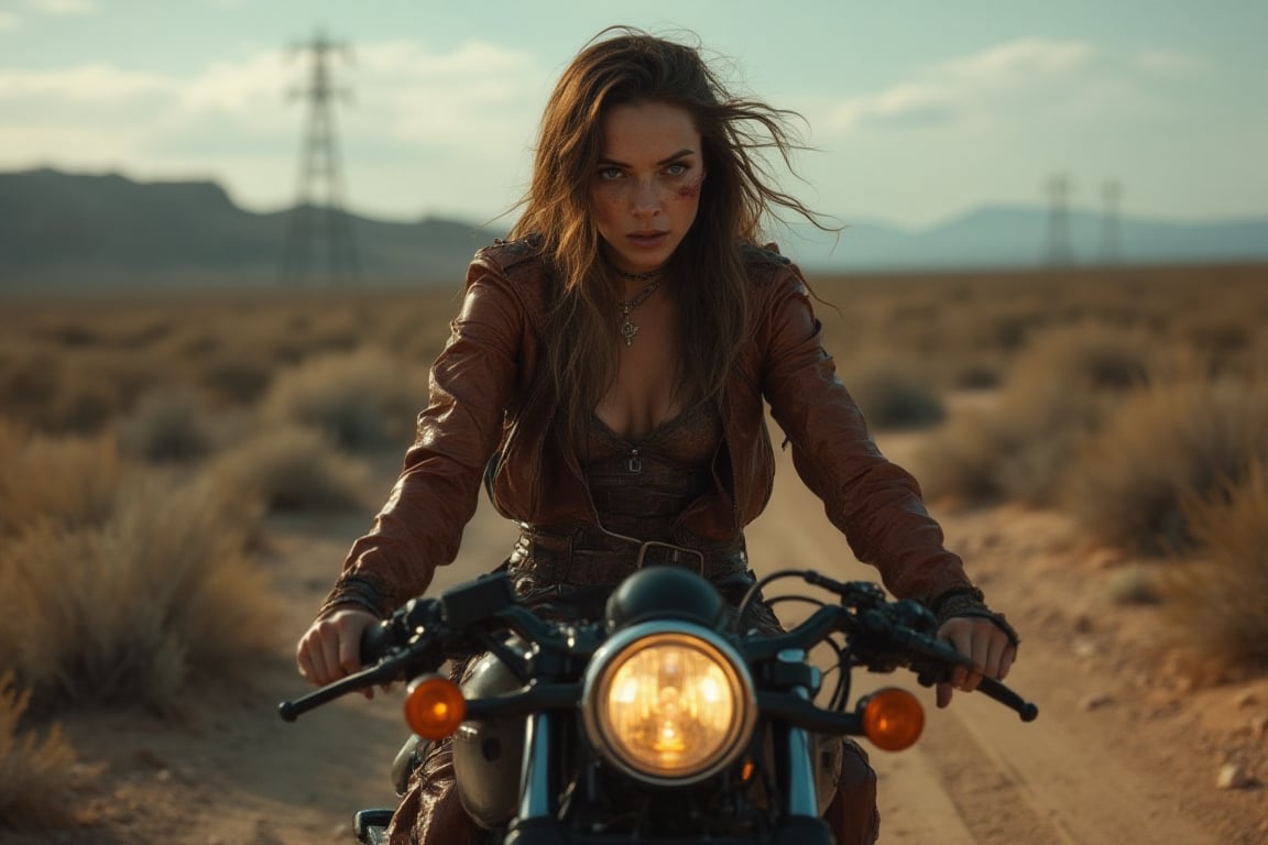 A woman time-traveler stands out against a desolate landscape on a modified Harley Davidson Sportster. Cinematic lighting casts a warm glow from reflection lights, simulating harsh reality. The subject's bloodshot eyes, furrowed brow, and hollow gaze seem to conceal secrets as the camera captures every detail at f/1.2 through a 135mm Nikon or Hasselblad lens. The image is rendered in stunning 8K resolution with enhanced realism, showcasing accurate anatomy and super detailing.