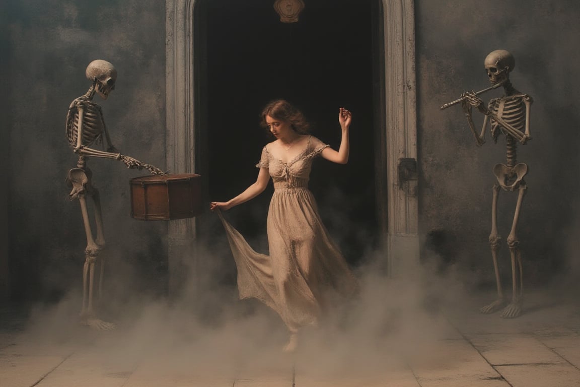 In a long shot, a modernist masterpiece unfolds. A beautiful young woman, clothed in tattered finery, dances with abandon before the doors of an ancient church, amidst a stormy sky and fog-shrouded square. A skeleton plays a drum while another grasps a flute, both set against the eerie alva light. Proportionate figures, each with perfect hands, clear eyes, and defined faces, converge in this danse macabre. The scene is set in warm, oil-on-canvas hues, reminiscent of Alphonse Mucha's elegant lines and Gustav Klimt's ornate patterns. In the midst of this dark illustration, H.R. Giger's unsettling atmosphere seeps in, while ElfFractalArt's intricate details bring depth to this disturbing yet mesmerizing scene.,painting,oil-on-canvas style of classic painting